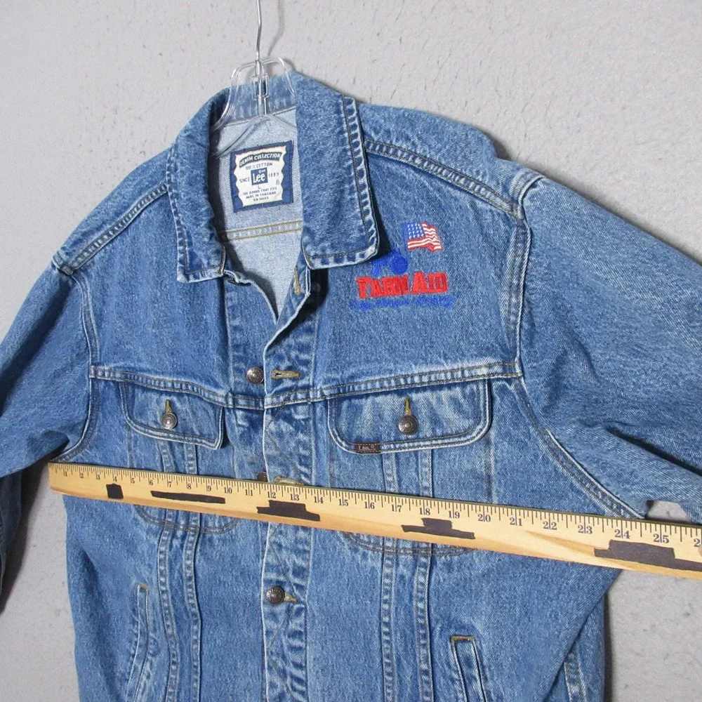 Vintage Lee Denim Jean Jacket Large Farm Aid  Trucker Embroidered Cotton 90s